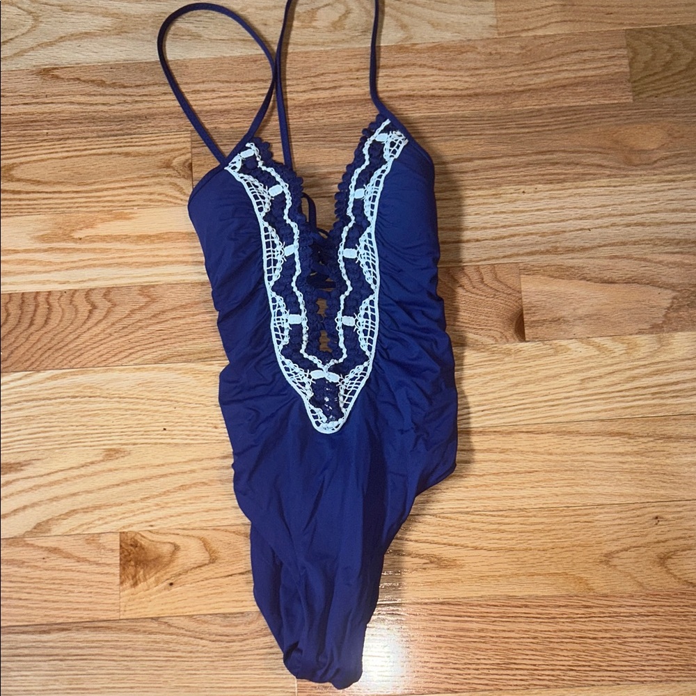 BECCA Navy Blue One-Piece Swimsuit with White Crochet Trim
